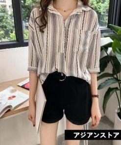 シャツ・ブラウス | 七分袖ブラウス レディースシャツ ストライプ プルオーバー 可愛い スリム ピンク 夏服 女の子 ストリート カジュアル 通勤 ブラウス かわいい 通学