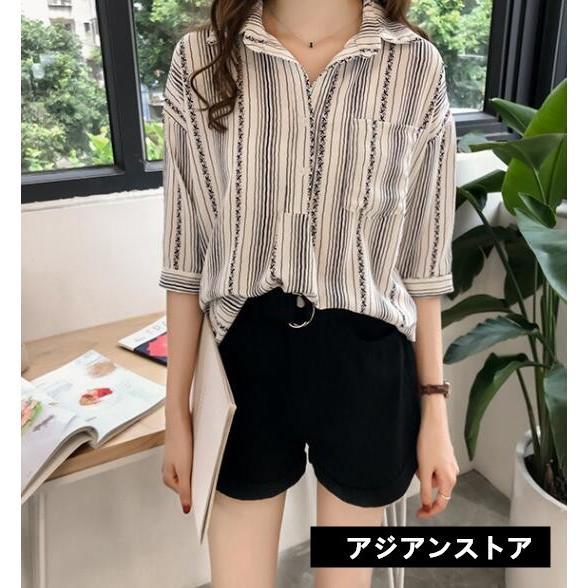 シャツ・ブラウス | 七分袖ブラウス レディースシャツ ストライプ プルオーバー 可愛い スリム ピンク 夏服 女の子 ストリート カジュアル 通勤 ブラウス かわいい 通学