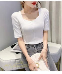 ｔシャツ・カットソー | Tシャツ Tシャツ レディース カットソー 着痩せ 5分袖 着回し 人気 スクエアネック ストレッチ 無地 ショート丈 細身 カジュアルトップス 着痩せ サマー きれい