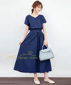 送料無料SALE | ロングワンピース 夏ワンピース 半袖 無地 フレアワンピース Vネック ベルト付き ゴム 女っぽい お呼ばれワンピース 大人 30代40代 ワンピ パーティー