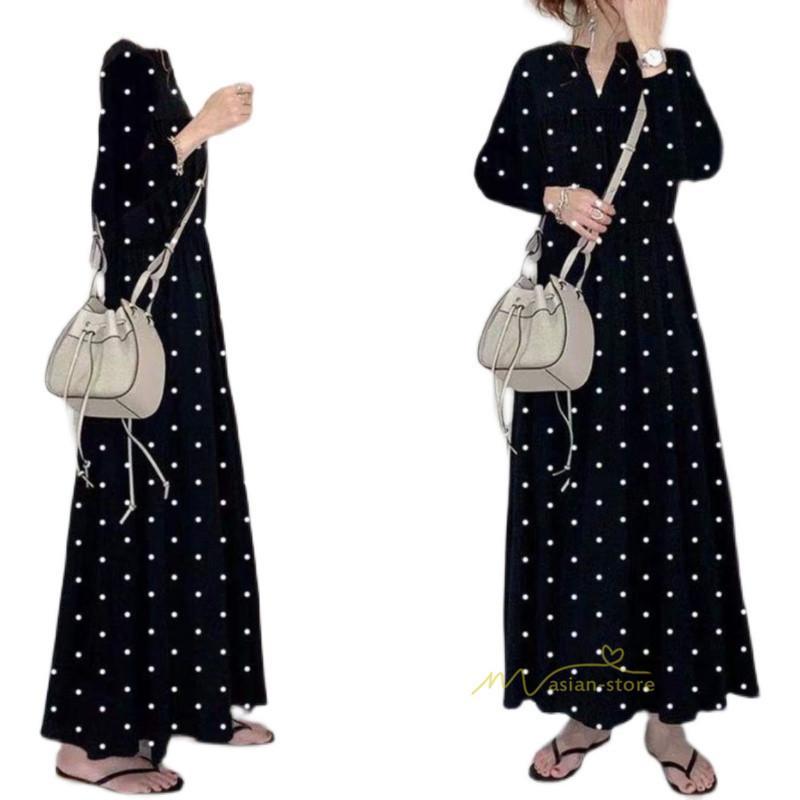 マキシ | ワンピース ロングワンピース レディース 春 秋 ドット柄 マキシワンピース 長袖 Aラインワンピ カジュアル 韓国ファッション きれいめ Vネック 2022