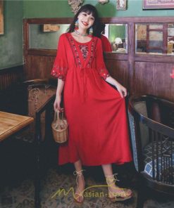 マキシ | ワンピース トップス ロング ロングワンピース 綿麻 夏秋 レディース 大人 おしゃれ シンプル ナチュラル カジュアル 刺繍 花柄 丸首 華やか 上品