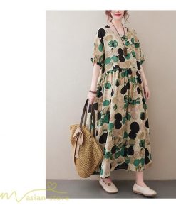 マキシ | Aラインワンピース レディース フリーサイズ 着痩せ プリント 5分袖 クルーネック 麻 綿 リネン 体型カバー ゆったり 薄手 サマーワンピース 夏コーデ