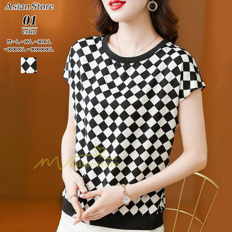 tシャツ・カットソー | Tシャツ トップス レディース 白トップス 40代 春夏 上品 半袖Tシャツ ブラウス カジュアル 韓国風 通勤 50代 ゆったりTシャツ カットソー 30代 チェック柄 OL
