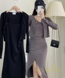ミディアム | ワンピース タイトワンピース カーディガン セットアップ 2点セット セクシー 膝丈 スリット パーティー スリム キャミソールワンピース 大人 美ライン 無地