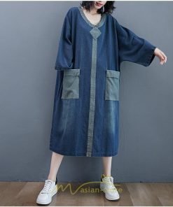 デニムワンピース | ワンピース 長袖 シャツワンピース デニムシャツ 無地 Aラインワンピ スリム 可愛い スリット ロングワンピ ワンピ ポケット 20代30代40代