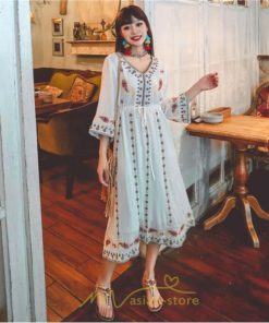 マキシ | 七分袖ワンピース Vネック ロング丈ワンピース エスニック ボヘミアン レディース 夏秋 綿麻 きれいめ フォーマル キレイめ 上品 ゆったり 大人 体型カバー