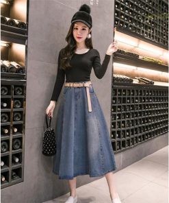 スカート | デニムプリーツフレア ハイウエスト スタイリッシュ ミディアム韓国風 上品 Aライン 大きいサイズ ゆったり 人気 レディース 春秋コーデ