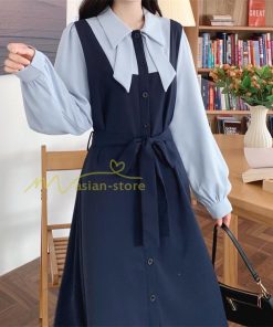 マキシ | Aラインワンピース 切り替えワンピース フェイクレイヤード 重ね着風 長袖 秋物 レディース 30代40代 大人 通学通勤 可愛い シャツカラー 着痩せ 50代