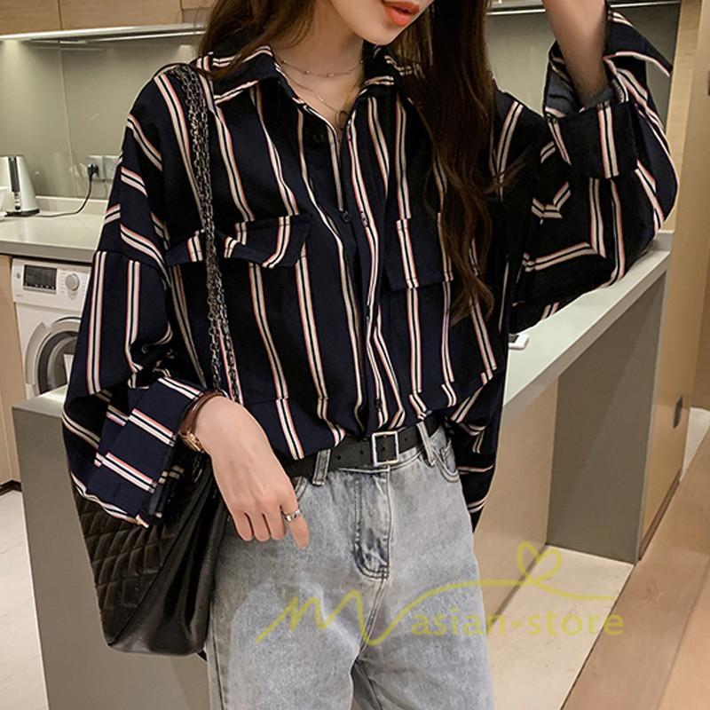 在庫ある | 短納期シャツレディースブラウス ビジネスカジュアルゆったりシャツトップス フォーマルシャツ オフィスブラウス ストライプ 薄手 通学通勤 春夏衣装 着痩せ