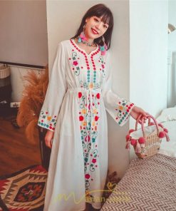 マキシ | ワンピース コットン 長袖ワンピース カジュアル ゆったり ナチュラル シンプル 可愛い 夏 秋 エスニック Vネック 鎖骨 レトロ 黄色 刺繍 白 青 三色展開