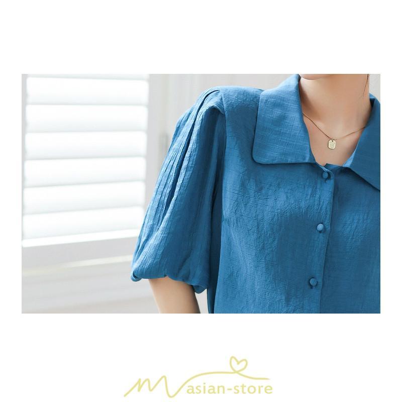 シャツ・ブラウス | ブラウス レディース オフィス シャツ 青 フォーマル 半袖 おしゃれ カジュアル フェミニン 開襟 着痩せ フランス風 お仕事 クラシック ビジネス 通勤 OL