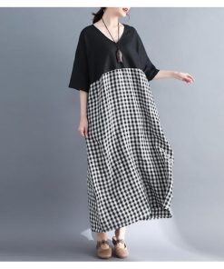 在庫ある | 短納期ロングリネンAラインワンピース ゆったりチェックワンピース 切り替えドッキングワンピ レディース 薄手 春夏衣装 通学通勤 オフィス カジュアル 海