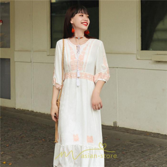 マキシ | ワンピース きれいめ レディース 夏 秋 ロング 上品 大人 七分袖 お出かけ 高見え 赤 白 黄色 上質 20代 50代 40代 ゆったり リゾート 30代 旅行 体型隠し