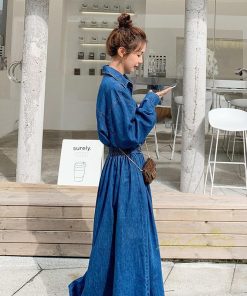 マキシ | ワンピース デニムワンピース 長袖 シャツワンピース デニムシャツ ジャケット 前開き 無地 Aラインワンピ ロングワンピ 可愛い 20代30代40代 ワンピ スリム