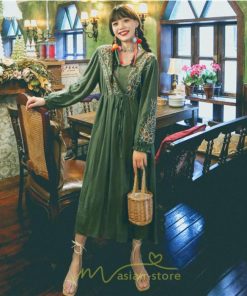 マキシ | ロングワンピース レディース ワンピ 夏 秋 長袖 可愛い 部屋着 リゾート Vネック 綿麻 花柄 高見え 旅行 20代30代40代 エスニック風 細見え レトロ風 お泊り