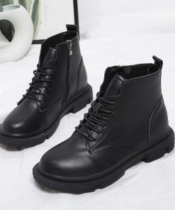 ショートブーツ | ラウンドトゥレディース サイドファスナー レースアップ 厚底シューズ 滑り止めソール チャンキーヒール 太ヒール シューズ ブーツ 厚底 黒
