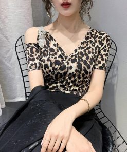 Tシャツ・カットソー | Tシャツ 肩だし クロスVネック コットン トップス 半袖 ヒョウ柄 無地 レディース スタイリッシュ 個性的 エレガント セクシー 着痩せ 気質 フェミニン