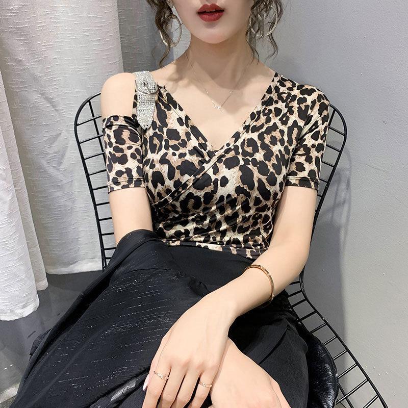 Tシャツ・カットソー | Tシャツ 肩だし クロスVネック コットン トップス 半袖 ヒョウ柄 無地 レディース スタイリッシュ 個性的 エレガント セクシー 着痩せ 気質 フェミニン