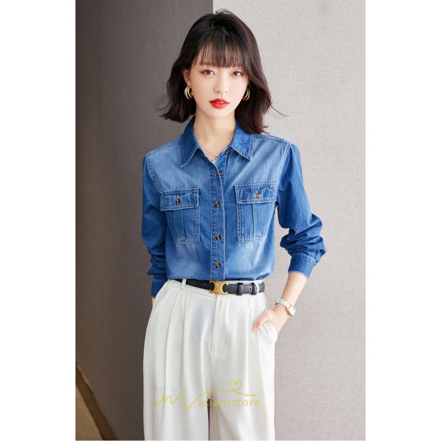 シャツ・ブラウス | デニムシャツ シャツ トップス レディース ブラウス 着痩せ デニム コットン カジュアル エレガント 通勤 通学 オシャレ 上品 ナチュラル 冬 キレイめ 秋 可愛い