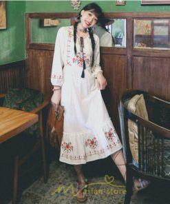 マキシ | ロングワンピース 長袖 花柄 フレア エスニック風 民族風 レトロ調 刺繍 綿麻 リゾート 旅行 レジャー お出かけ 外出 華奢魅せ 着痩せ 女子会 Vネック 同窓会