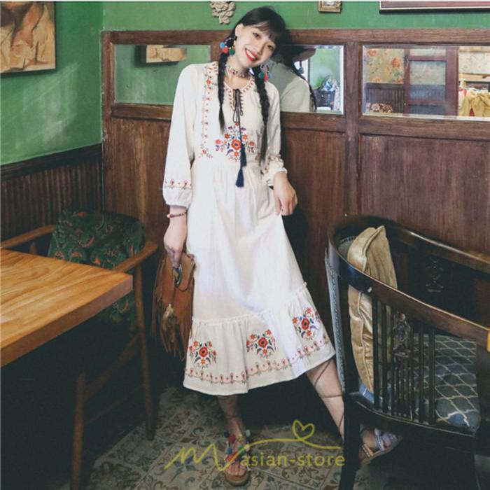 マキシ | ロングワンピース 長袖 花柄 フレア エスニック風 民族風 レトロ調 刺繍 綿麻 リゾート 旅行 レジャー お出かけ 外出 華奢魅せ 着痩せ 女子会 Vネック 同窓会