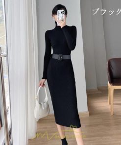 ニットワンピース | レディース 冬 きれいめ ニットフレア ロング おしゃれ タートルネック 秋冬 送料無料 可愛い 20代30代40代50代 ベルト付き おしゃれ 通勤