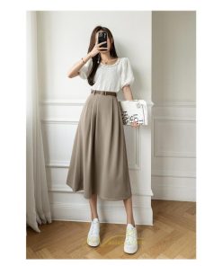 スカート | Aラインミモレ丈 裏地付き ボトムス 春 夏 黒 ベージュ カーキ おしゃれ お呼ばれ ファッション 女子会 カジュアル 無地 デート