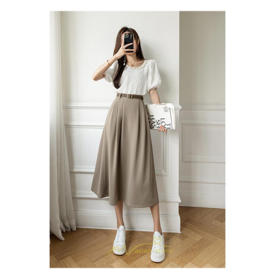 スカート | Aラインミモレ丈 裏地付き ボトムス 春 夏 黒 ベージュ カーキ おしゃれ お呼ばれ ファッション 女子会 カジュアル 無地 デート