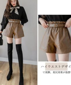 ショートパンツ | ワイド秋冬 レディース PUレザー キュロットパンツ ベルト付き ハイウエスト ウエストゴム