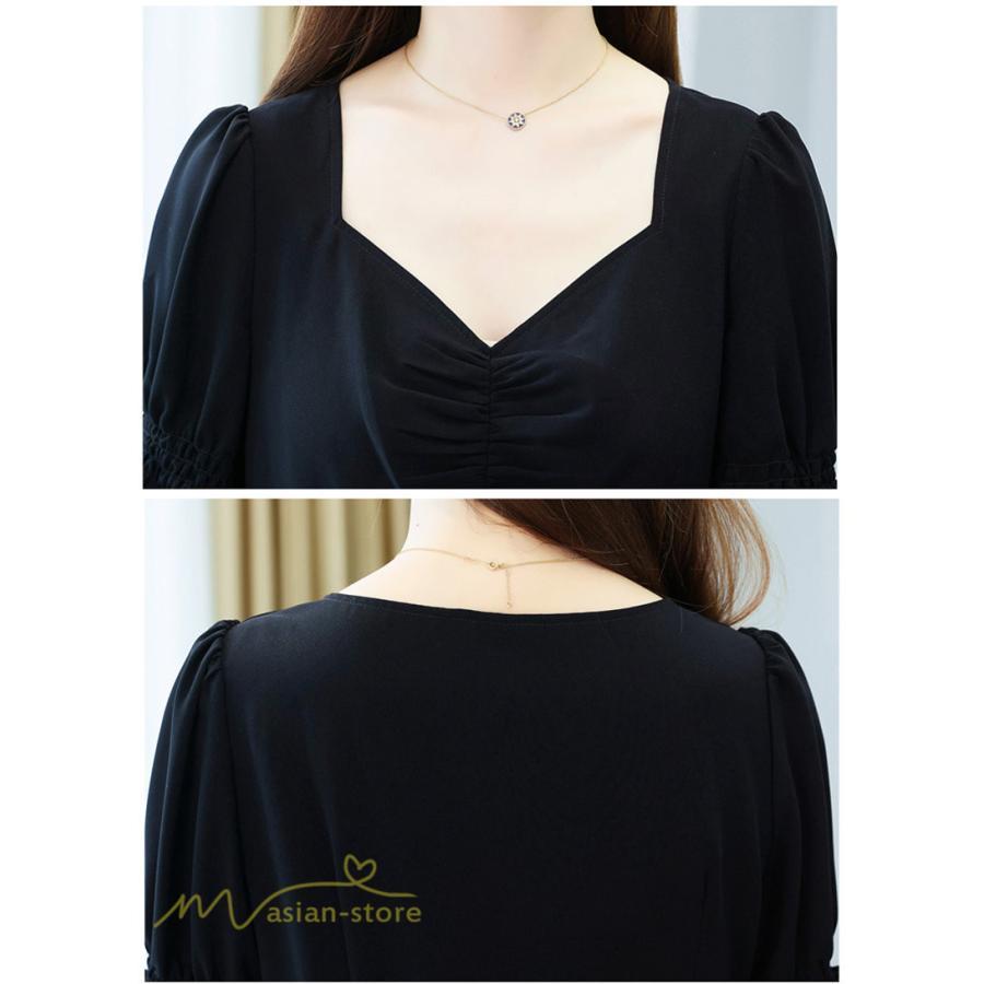 ミディアム | ワンピース レディース 着痩せ 半袖 Vネック カジュアル Aライン おしゃれ ミディアムワンピース エレガント 大きいサイズ 黒 夏 サマーワンピース 夏服 新作