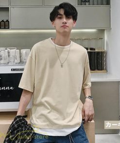 Tシャツ | メンズ 夏物 半袖 五分袖 フェイク レイヤード 重ね着 無地 おしゃれ プルオーバー オーバーサイズ しっかり ロングｔ 男 20代 カジュアル 30代