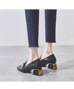 パンプス | スクエアトゥ チャンキーヒール ミドルヒール スリッポン レディース スリップオン シューズ 太ヒール ローファー 黒 22.5cm-25cm ブラック 30代