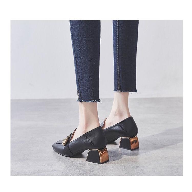 パンプス | スクエアトゥ チャンキーヒール ミドルヒール スリッポン レディース スリップオン シューズ 太ヒール ローファー 黒 22.5cm-25cm ブラック 30代