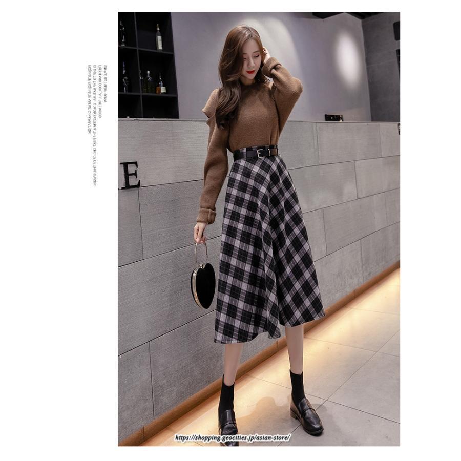 スカート | ロングミモレ レディース フレア Aライン ハイウエスト おしゃれ ゆったり ひざ下 体型カバー チェック柄 ラシャ ベルト付き 30代 20代 40代