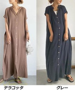 マキシ | ワンピース レディース 無地 シャツワンピース カジュアル 半袖 エレガント 体型カバー ゆったり マキシ丈 フリーサイズ 夏新作 お出かけ ロングワンピース