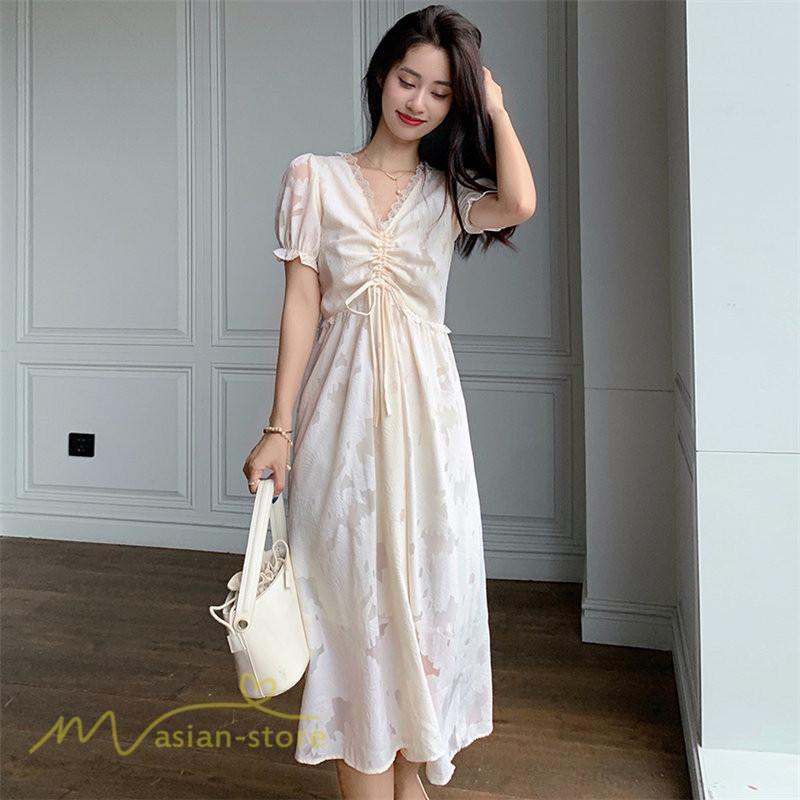 ミディアム | ワンピース レディース 着痩せ 上品 半袖 Aラインワンピース シフォン カジュアル 膝丈 きれいめ おしゃれ Vネック 上品 40代 30代 20代 サマーワンピース