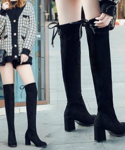 ロングブーツ | ストレッチニーハイブーツ レディース チャンキーヒール レースアップ スエードブーツ ミドルヒール 太ヒール 膝上丈 大きいサイズ 黒ブーツ
