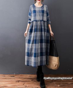 マキシ | チェック柄ワンピースリネン風 長袖ワンピース 30代レディース秋物長袖 綿麻風 ゆったり ゆるシルエット 大人 可愛い 通学通勤 リネンワンピ チェック柄 50代