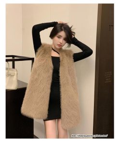 ベスト | ファーレディース 秋冬 ミドル丈 アウター ジレ 羽織り 前開き カーディガン フェイクファー コーデ ノーカラー 送料無料 秋物 冬服 袖なし