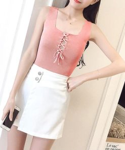 Tシャツ・カットソー | ニットキャミソール レースアップ 春夏 ノースリーブ レディース ニットビスチェ タンクトップ トップス