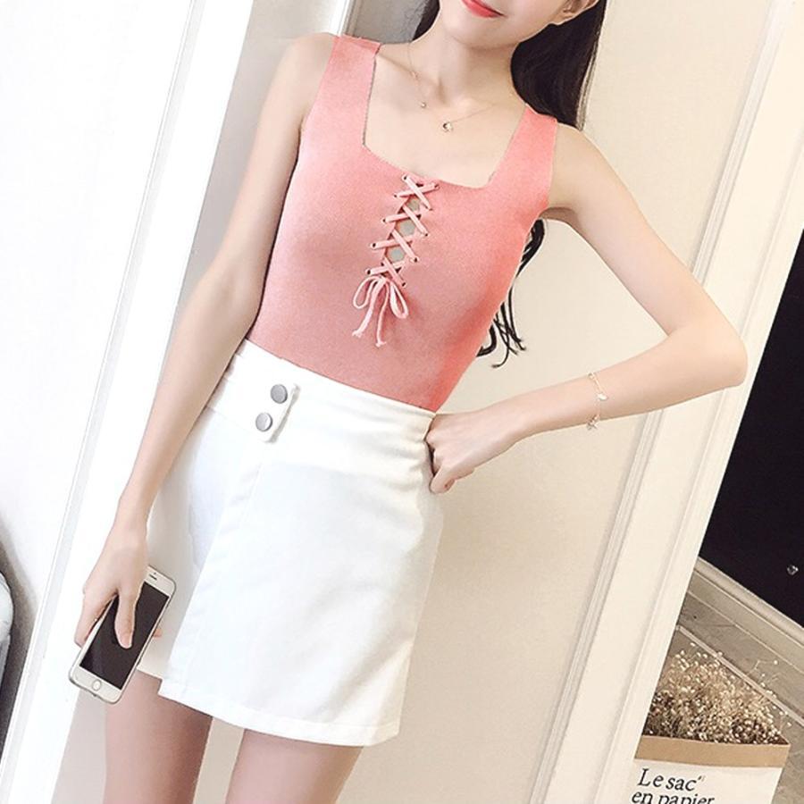 Tシャツ・カットソー | ニットキャミソール レースアップ 春夏 ノースリーブ レディース ニットビスチェ タンクトップ トップス