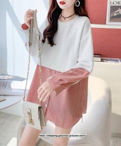 パーカー | 重ね着風トレーナー レディース 長袖 トップス カジュアル スウェット ストライプ柄 ゆったり トレーナー トップス きれいめ レイヤード風 可愛い 切り替え