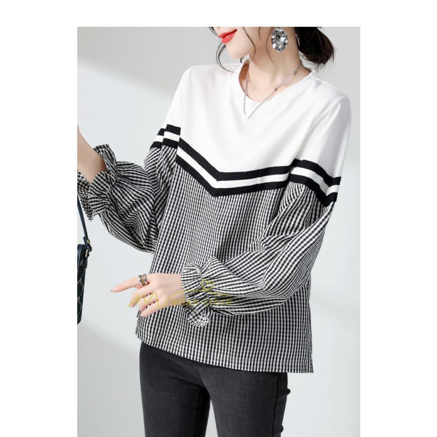 シャツ・ブラウス | ドッキングブラウス レディース シャツ 長袖 秋物 トップス 切り替え ブラウスシャツ 異素材 秋コーデ ロングスリーブ スリム 長袖Tシャツ チェック柄 無地