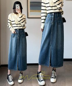 スカート | 秋デニムレディース 秋物 ロングミモレ丈 フロントスリット入れ ポケットあり スリム ストレート 無地 ボトムス キレイめ デニム お洒落