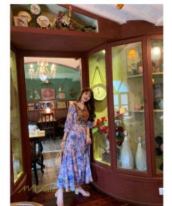 マキシ | ロングワンピース 五分袖 夏ワンピース 秋新作 Aラインワンピース マキシワンピース 刺繍 花柄 プリント 切り替え 旅行 30代40代 ワンピース ダンス 舞台 可愛い