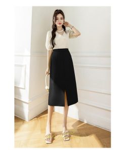 スカート | ボトムス 膝下 スリット ひざ下 Aライン ウエストゴム 楽 大人 きれいめ 20代 30代 40代 サイドチャック 通勤 上品 ビジネス オフィス