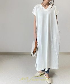 マキシ | 夏ワンピース 半袖ワンピース ロングワンピース 半袖 夏服 レディース 無地 サイドスリット Vネック 大きい ゆったり 白 黒 50代 30代40代 ポケット 可愛い