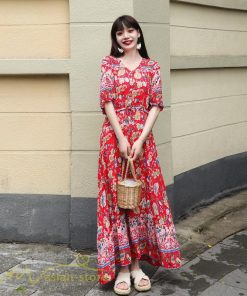 マキシ | ロングワンピース 五分袖 夏ワンピース 秋新作 Aラインワンピース マキシワンピース 花柄 プリント 旅行 ダンス ワンピース 30代40代 舞台 可愛い リボン