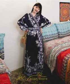 マキシ | マキシワンピース ロングワンピース レディース 夏 秋 長袖 紺 ゆったり Aライン 花柄プリント きれいめ リゾート 大人 20代 母 40代 同窓会 二次会 ママ 30代